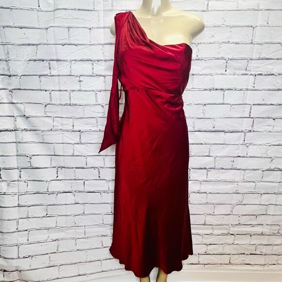 Mac Duggal Womens Deep Red Satin Bow One-Shoulder Midi Dress Size 12 - Picture 1 of 8